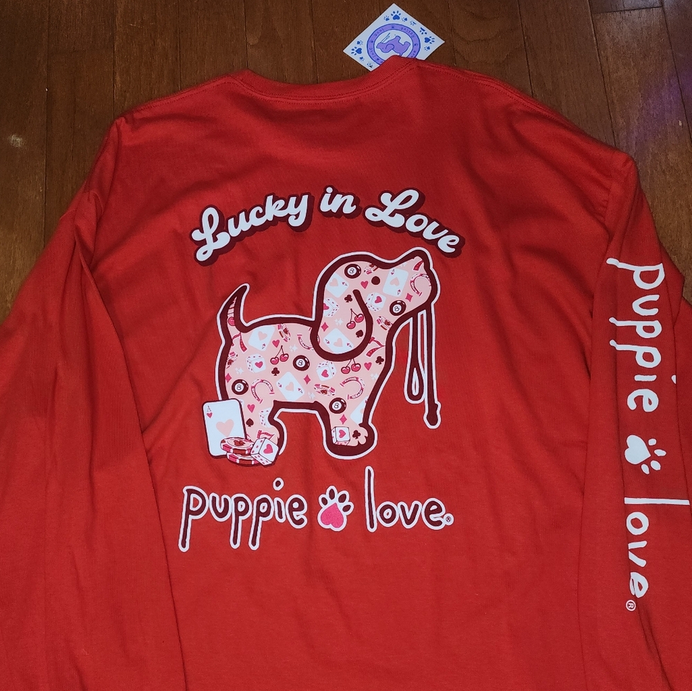 Puppie Love Red Graphic Long Sleeve Tee "Lucky In Love"